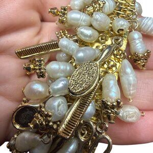 Hairdresser Statement Expandable Charm Bracelet Pearls & Gold-tone Cha Cha Style